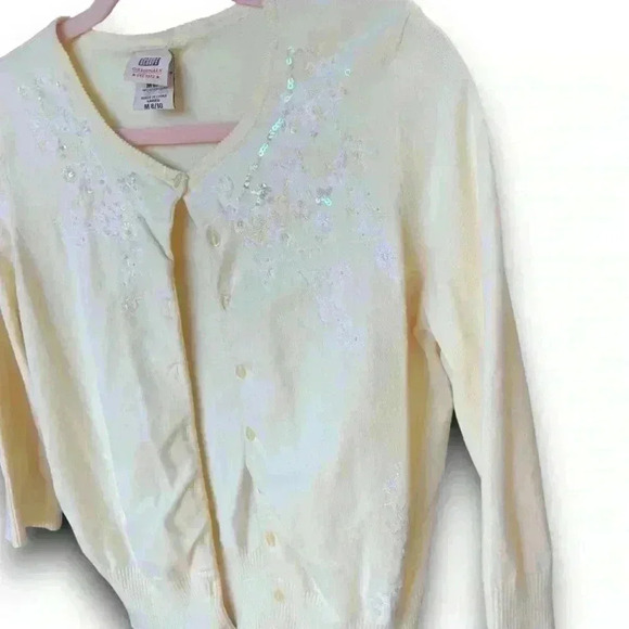vtg Faded Glory embroidered beaded spring yellow cardigan sweater 3/4‎ sleeves m - Picture 8 of 10